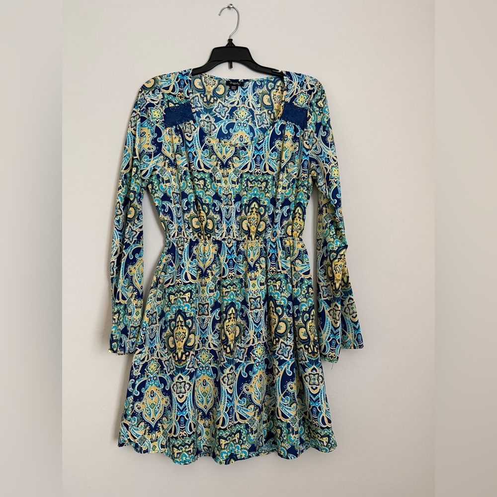 NWOT Silk Blue & Yellow Patterned Long Sleeve Mini Dress